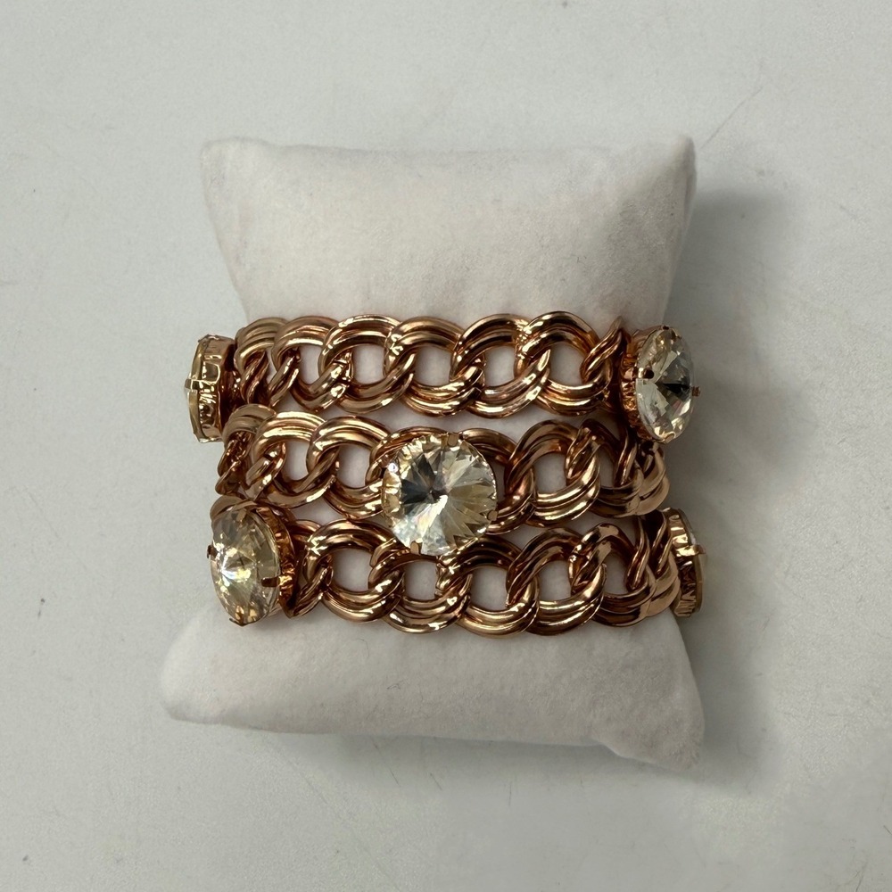 Rose Gold Tone Triple Strand Curb Chain Bracelet Champagne Crystal Cuff